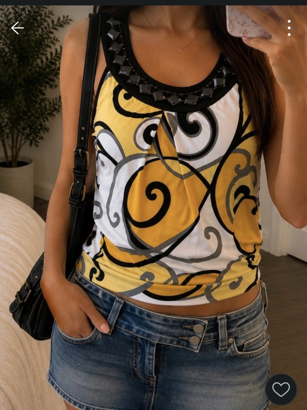 Moa Moa Yellow, Black & White Swirl-Print Embellished Neck Tank